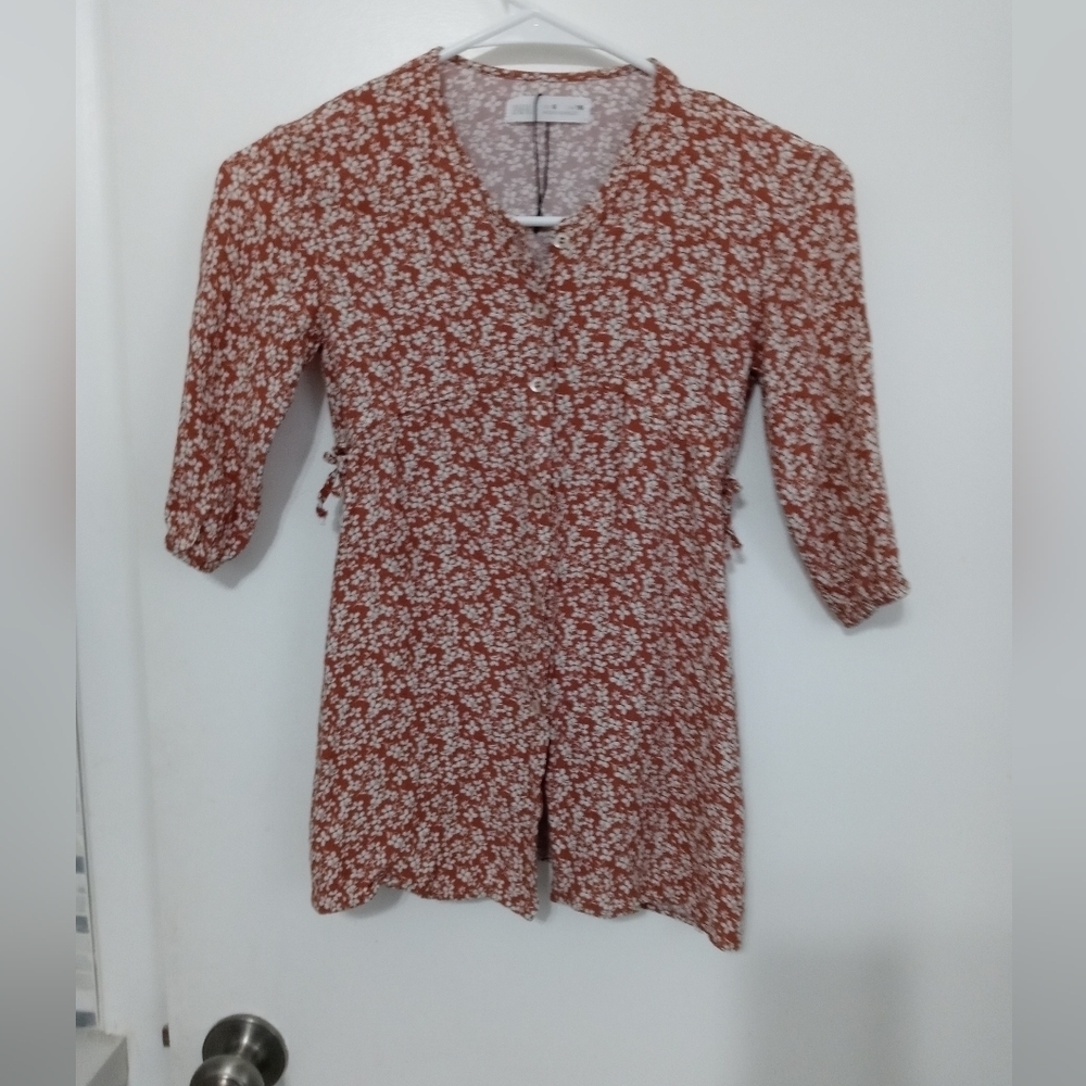 Zara GIRL Brown White Floral Button down 1/2 sleeve stretch blouse Smocked Waist